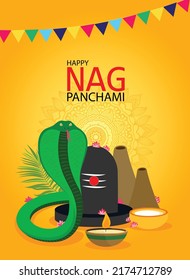 Happy Nag Panchami greeting card with king cobra. Snake Festival in India. Vector illustration.