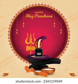 Happy Nag Panchami greeting card with king cobra Snake, milk, shivling. Hindu Worship Festival India. Realistic design Poster Vector illustration. Social media post, website, banner, invite, promotion