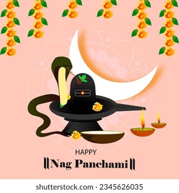 Happy Nag panchami vector illustration. Shivling and naga background, greeting, poster, celebration, vector design.