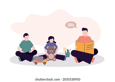 Happy Nanny Reading Book For Children. Cartoon Father Sitting With Son And Daughter And Read Story. Male Character Taking Care Of Little Kids. Concept Of In-home Babysitting. Flat Vector Illustration