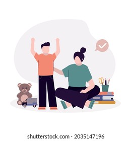 Happy nanny rejoices in child's success. Cartoon mother sitting and playing with son. Female character taking care of little kid. Concept of in-home babysitter and childminder. Vector illustration