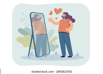 Happy narcissist girl looking at herself at mirror, admiring her beautiful reflection. Vector illustration for self love, proud, admiration, narcissism concept