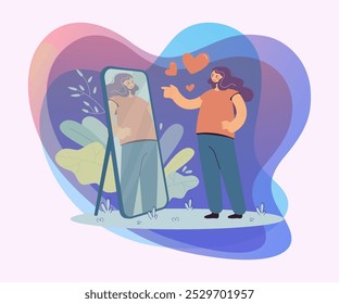 Happy narcissist girl looking at herself at mirror, admiring her beautiful reflection. Vector illustration for self love, proud, admiration, narcissism concept