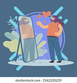 Happy narcissist girl looking at herself at mirror, admiring her beautiful reflection. Vector illustration for self love, proud, admiration, narcissism concept