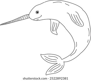 happy narwhal with horn, sea unicorn, side view, hand drawn with black brush on white background