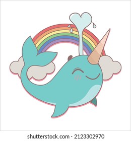 Happy narwhal shooting out a heart shaped water stream