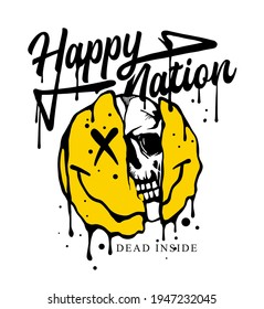 Happy nation slogan print design and ripped melting emoji   skull illustration in street style