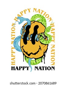 Happy nation slogan print design with ripped melting emoji and a snakes illustrations in street style