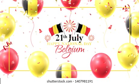 Happy national Belgium day banner. Vector illustration with realistic air balloons colored in Belgium flags. Festive background with color serpentine and confetti.