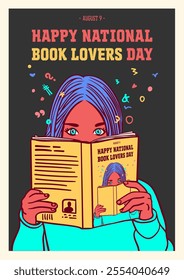 Happy National Book Lovers Day, August 9 - Retro Illustration of a girl reading a book