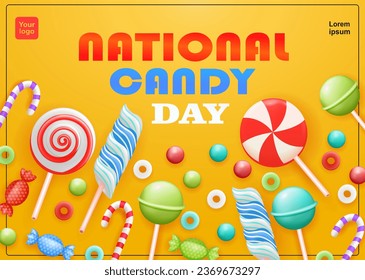 Happy National Candy Day Vector. Different types of candy. 3d vector of red spiral lollipop, marsmellow candy, mint candy and lollipop, suitable for events, elements and frames