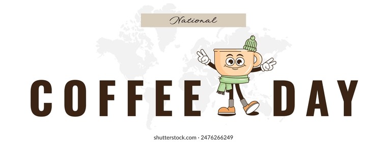 Happy National coffee day banner with funky coffee character in trendy groovy style. Holiday design concept observed on every September 29 in USA. Vector illustration 