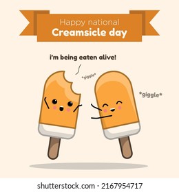 Happy national creamsicle day social media post, banner, orange ice cream kawaii celebration advertisement concept, popsicle cream marketing square ad, August 14th abstract print, isolated.