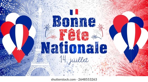 Feliz Dia Nacional, 14 de julho, cartão-postal francês. Banner de Internet. Design de anúncio. Cartaz da Web. História da linha do tempo das redes sociais. Parabéns pelos blogues. Fundo festivo com elementos abstratos brilhantes.