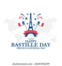 Happy National Day 14th of July. The Bastille Day of France. (French: Bonne Fete Nationale, 14 Juillet). Vector Illustration. French country Bastille day theme background.