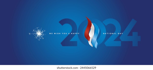 Happy National Day 2024 event. Luxembourg 3d flag ribbon flame over numbers of 2024 vector illustration on blue background