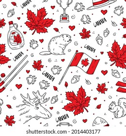 Happy National Day of Canada, seamless pattern with traditional symbols and icons in the Doodle sketch style. Vector concept for fabric and printing. Flag, maple leaves and animals.