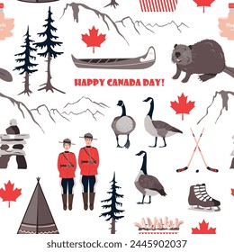 Happy National Day of Canada, seamless pattern with Canadian symbols. Beaver, goose, canoe, teepee, hockey, royal police, maple leaves and mountains. Vector background