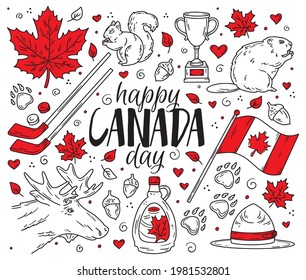 Happy National Day of Canada, a set of traditional symbols and icons in the Doodle sketch style. Vector concept for greeting cards, banners and posters. Flag, maple leaves and animals.