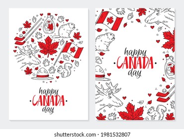 Happy National Day of Canada, a set of postcards or posters with traditional red Doodle sketch-style symbols. Vector template.