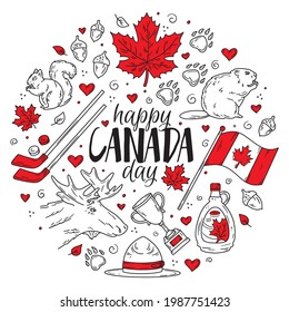 Happy National Day of Canada, a set of traditional Doodle-style symbols and icons, hand-drawn. Circular vector concept for greeting cards, banners, and posters. Flag, maple leaves, and animals.