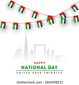 Happy National Day Celebration Poster Design With Silhouette Famous Architecture And Bunting Flags Decorated White Background.