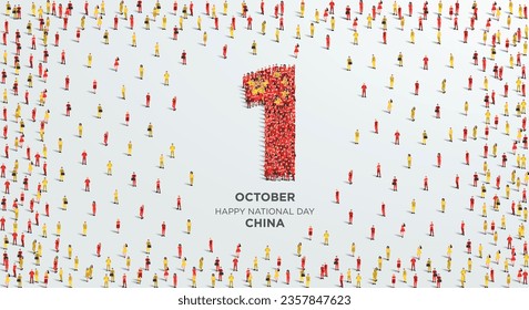 Happy National Day China. A large group of people form to create the number 1 as China celebrates its National Day on the 1st of October. Vector illustration.