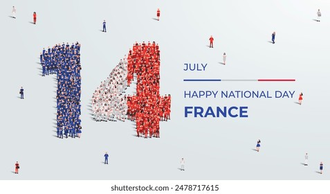 Feliz Día Nacional de Francia. Un Grande grupo de personas se forma para crear el número 14 mientras Francia celebra su Día Nacional el 14 de julio. Ilustración vectorial.