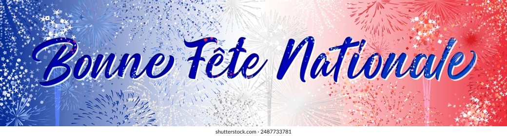 Happy National Day French text, horizontal decorative banner. Web button. Shiny fireworks with clipping mask. Holiday backdrop. Editable vector design. Creative clip art. Cute congrats. Festive style.