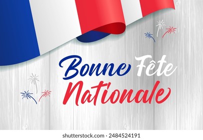 Happy National Day French typography, holiday banner with waving flag of France. July 14 creative congrats. Text design and flag frame with clipping mask. Social network poster. Blogging stories.