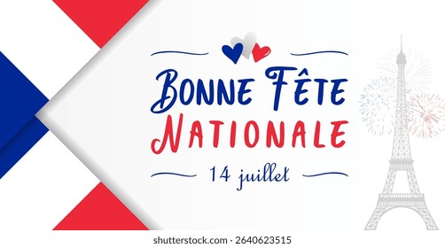 Happy National Day July 14 th French greeting card. Holiday poster with flag of France 3D frame and creative typography. Backdrop design. Graphic congrats with isolated elements.