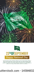 Happy national day of Kingdom of Saudi Arabia. Vertical web banner vector design with realistic dazzling display of fireworks. Patriotic holiday and traditional festival celebrated 23th of September.