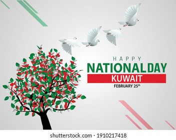 happy national day Kuwait pigeon flying with colorful Kuwait flag tree. vector illustration design