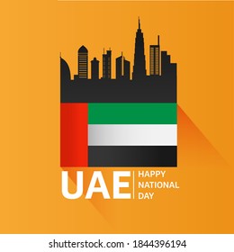 Happy National Day Poster Design With UAE Flag And Famous Architecture On Orange Background.