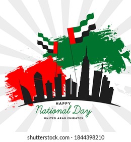 Happy National Day Poster Design With UAE Flags, Silhouette Monuments, Red And Green Brush Stroke On White Rays Background.