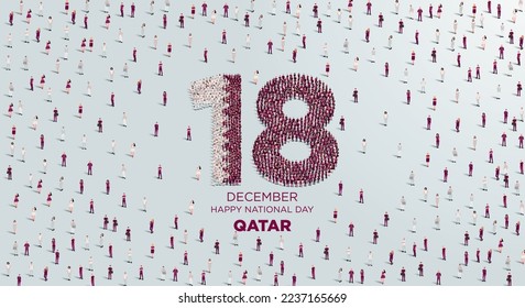 Happy National Day Qatar. A large group of people form to create number 18 as Qatar celebrates it’s National Day on the 18th December. Vector illustration.