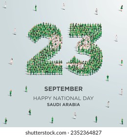 Happy National Day Saudi Arabia. A large group of people form to create the number 23 as Saudi Arabia celebrates its National Day on the 23rd of September. Vector illustration.