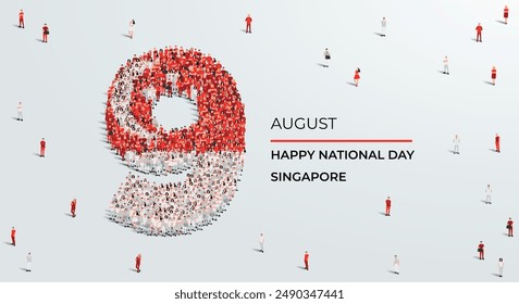 Feliz Día Nacional de Singapur. Un Grande grupo de personas se forma para crear el número 9 mientras Singapur celebra su Día de la Independencia el 9 de agosto. Ilustración vectorial.