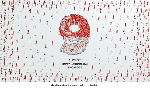 Feliz Día Nacional de Singapur. Un Grande grupo de personas se forma para crear el número 9 mientras Singapur celebra su Día de la Independencia el 9 de agosto. Ilustración vectorial.