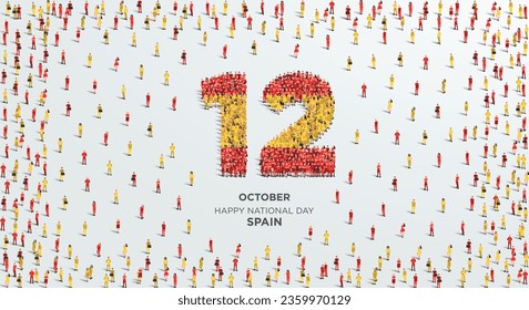 Happy National Day Spain. A large group of people form to create the number 12 as Spain celebrates its National Day on the 12th of October. Vector illustration.