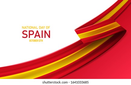 Happy national day of Spain, october 12th, fiesta nacional de Espana, bent waving ribbon in colors of the Spain national flag. Celebration background.