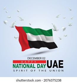 happy national day UAE. 3d flag with flying pigeon. vector illustration design