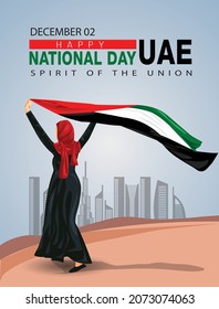 happy national day uae background. uae woman with flag. vector illustration design