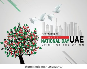 happy national day uae pigeon flying with colorful UAE flag tree. vector illustration design