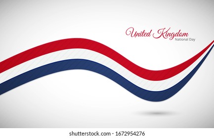 Happy national day of United Kingdom. Creative shiny wavy United Kingdom flag background with text typography.