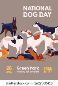 Happy National Dog Day 26 august poster vector flat illustration. Different breed of cartoon dogs show isolated on gray background. Holiday of domestic animal competition collection