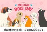 Happy national Dog day greeting card vector design. Cute cartoon dogs on pink pattern background 