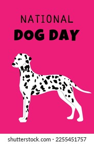 Happy national Dog day greeting card vector design. Dalmatin dog on pink background. Vector EPS10