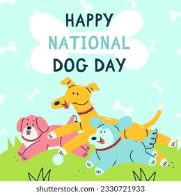 Happy national dog day greeting card design. Cute dogs playing in the park in cartoon style. Vector cartoon illustration.