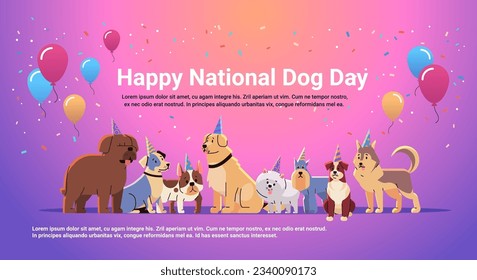 Happy national dog day greeting card various cute doggy posing in hats holiday of domestic animals concept horizontal